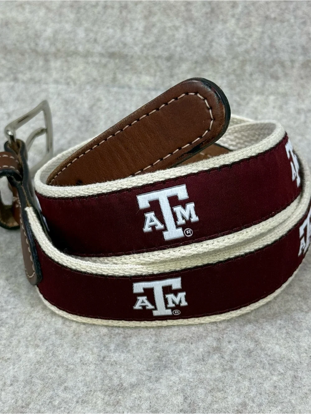Texas A&M Brown Leather Belt with Maroon A&M Logo detail and Silver Buckle Sz 26